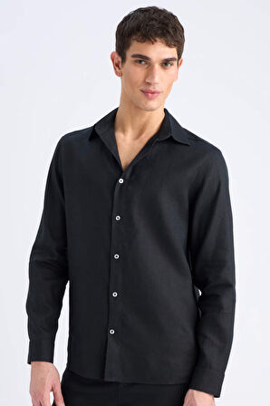 DeFacto %100 Keten Regular Fit Polo Yaka Yazlık Uzun Kollu Siyah Gömlek D9925AX25SPBK81