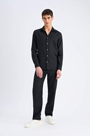 DeFacto %100 Keten Regular Fit Polo Yaka Yazlık Uzun Kollu Siyah Gömlek D9925AX25SPBK81