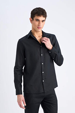 %100 Keten Regular Fit Polo Yaka Yazlık Uzun Kollu Gömlek