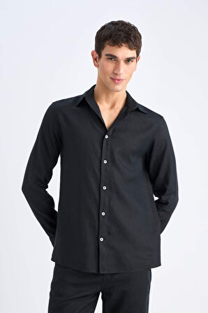 %100 Keten Regular Fit Polo Yaka Yazlık Uzun Kollu Gömlek