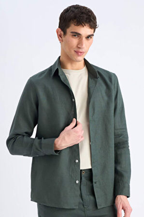 DeFacto %100 Keten Regular Fit Polo Yaka Yazlık Uzun Kollu Gömlek D9925AX25SPKH498