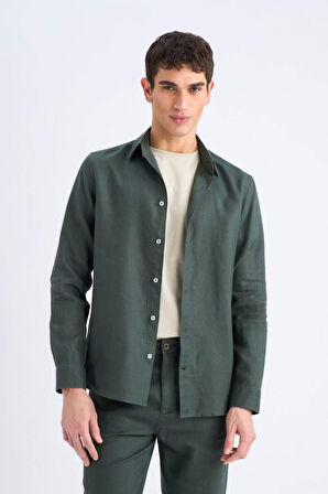 DeFacto %100 Keten Regular Fit Polo Yaka Yazlık Uzun Kollu Gömlek D9925AX25SPKH498