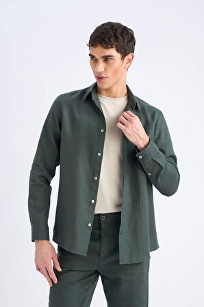 DeFacto %100 Keten Regular Fit Polo Yaka Yazlık Uzun Kollu Gömlek D9925AX25SPKH498