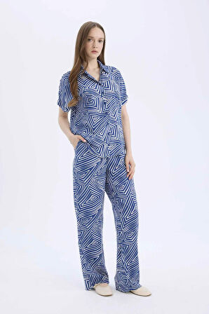 Regular Fit Desenli Esnek Belli Düz Paça Pantolon