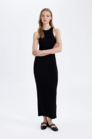 DeFacto Bodycon Vücudu Saran Halter Yaka Basic Düz Fitilli Kaşkorse Kolsuz Maxi Siyah Elbise A4828AX24WNBK81