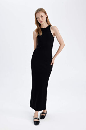 DeFacto Bodycon Vücudu Saran Halter Yaka Basic Düz Fitilli Kaşkorse Kolsuz Maxi Siyah Elbise A4828AX24WNBK81