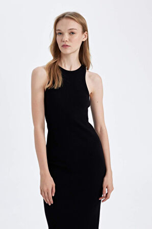 DeFacto Bodycon Vücudu Saran Halter Yaka Basic Düz Fitilli Kaşkorse Kolsuz Maxi Siyah Elbise A4828AX24WNBK81