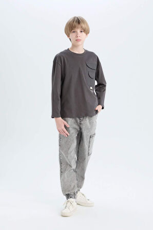 Erkek Çocuk Oversize Geniş Kalıp Bisiklet Yaka Baskılı Uzun Kollu Tişört