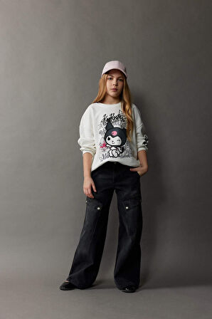 DeFacto Kız Çocuk Kuromi Oversize Geniş Kalıp Bisiklet Yaka Sweatshirt D8834A825SPER99