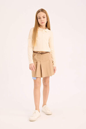 DeFacto Kız Çocuk Polo Yaka Ribana Uzun Kollu Basic Düz Tişört B7407A825SPER134