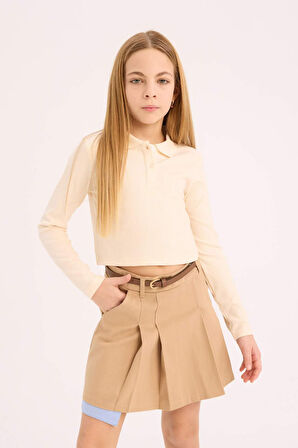 DeFacto Kız Çocuk Polo Yaka Ribana Uzun Kollu Basic Düz Tişört B7407A825SPER134