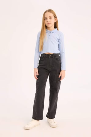 DeFacto Polo Yaka Ribana Uzun Kollu Basic Tişört Kız Çocuk B7407A825SPBE196
