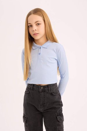 DeFacto Polo Yaka Ribana Uzun Kollu Basic Tişört Kız Çocuk B7407A825SPBE196
