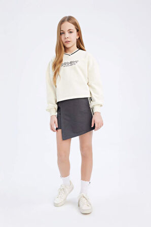 Kız Çocuk 2'li Takım Baskılı Sweatshirt Şort Etek