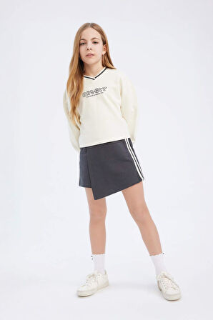 Kız Çocuk 2'li Takım Baskılı Sweatshirt Şort Etek
