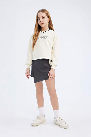 Kız Çocuk 2'li Takım Baskılı Sweatshirt Şort Etek