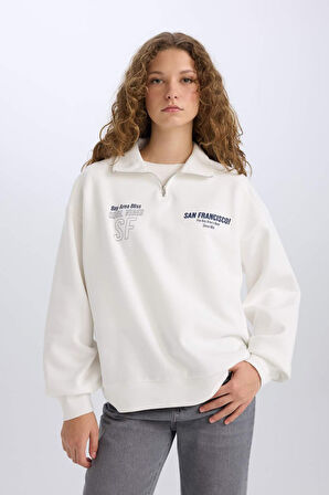 DeFacto Oversize Geniş Kalıp Yarım Fermuarlı Sırt Baskılı Kalın Sweatshirt E1524AX24WNWT32