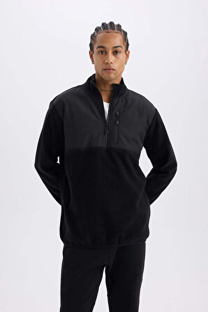 DeFactoFit Standart Fit Dik Yaka Fermuarlı Polar Sporcu Sweatshirt D9226AX24WNBK81