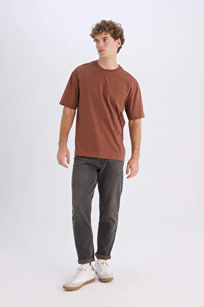 Defacto D6070 Kahve %100 Pamuk Boxy Fit Bisiklet Yaka Basic Düz Kısa Kollu Tişört