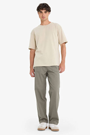 Defacto D6070 Bej %100 Pamuk Boxy Fit Bisiklet Yaka Basic Düz Kısa Kollu Tişört