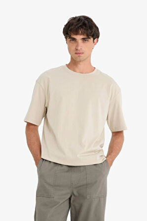 Defacto D6070 Bej %100 Pamuk Boxy Fit Bisiklet Yaka Basic Düz Kısa Kollu Tişört