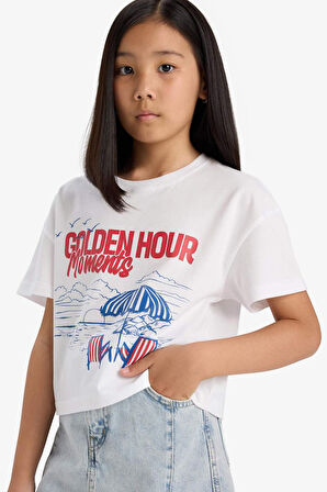 DeFacto Kız Çocuk Boxy Fit Bisiklet Yaka Baskılı Kısa Kollu Tişört E0391A825SMWT34