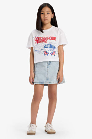 DeFacto Kız Çocuk Boxy Fit Bisiklet Yaka Baskılı Kısa Kollu Tişört E0391A825SMWT34