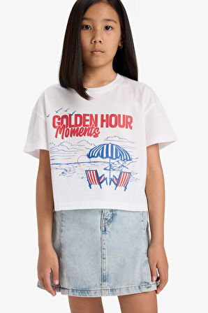 DeFacto Kız Çocuk Boxy Fit Bisiklet Yaka Baskılı Kısa Kollu Tişört E0391A825SMWT34