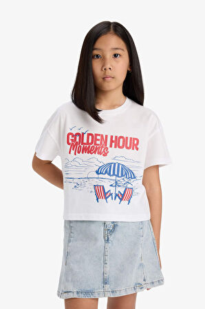 DeFacto Kız Çocuk Boxy Fit Bisiklet Yaka Baskılı Kısa Kollu Tişört E0391A825SMWT34