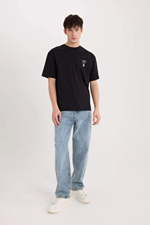 Defacto E1484 Siyah Boxy Fit Bisiklet Yaka Sırt Baskılı Kısa Kollu Tişört