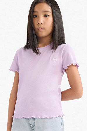 DeFacto Kız Çocuk Slim Fit Dar Kesim Bisiklet Yaka Baskılı Fitilli Kaşkorse Kısa Kollu Tişört D9538A825SMPR143