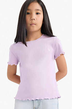 DeFacto Kız Çocuk Slim Fit Dar Kesim Bisiklet Yaka Baskılı Fitilli Kaşkorse Kısa Kollu Tişört D9538A825SMPR143