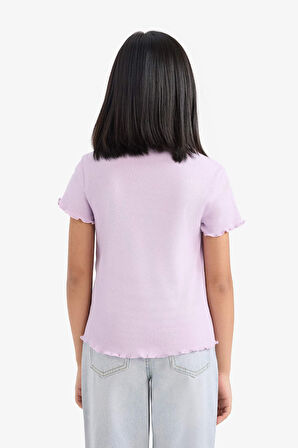 DeFacto Kız Çocuk Slim Fit Dar Kesim Bisiklet Yaka Baskılı Fitilli Kaşkorse Kısa Kollu Tişört D9538A825SMPR143