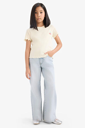 DeFacto Kız Çocuk Slim Fit Dar Kesim Bisiklet Yaka Baskılı Fitilli Kaşkorse Kısa Kollu Tişört D9538A825SMER235