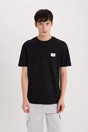 Defacto D5516 Siyah Regular Fit Bisiklet Yaka Baskılı Kısa Kollu Ağır Kumaş Tişört