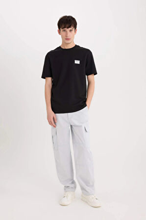 Defacto D5516 Siyah Regular Fit Bisiklet Yaka Baskılı Kısa Kollu Ağır Kumaş Tişört