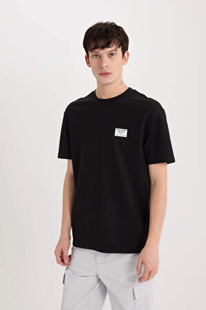 Defacto D5516 Siyah Regular Fit Bisiklet Yaka Baskılı Kısa Kollu Ağır Kumaş Tişört
