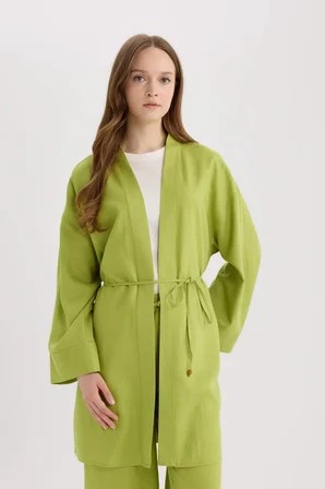 DeFacto Relax Fit Kuşaklı Keten Karışımlı Kimono D8182AX25SPGN698
