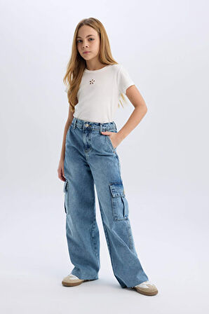 DeFacto Kız Çocuk Wide Leg Kargo Geniş Bol Paça Pamuklu Jean Pantolon D7089A825SPNM39