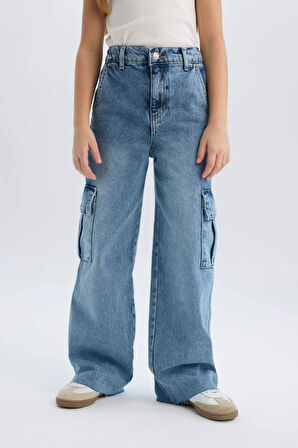 DeFacto Kız Çocuk Wide Leg Kargo Geniş Bol Paça Pamuklu Jean Pantolon D7089A825SPNM39