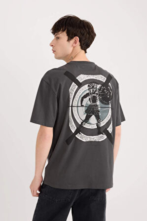 Defacto E1485 Antrasit Boxy Fit Bisiklet Yaka Sırt Baskılı Kısa Kollu Tişört