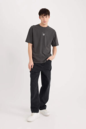 Defacto E1485 Antrasit Boxy Fit Bisiklet Yaka Sırt Baskılı Kısa Kollu Tişört