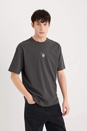 Defacto E1485 Antrasit Boxy Fit Bisiklet Yaka Sırt Baskılı Kısa Kollu Tişört