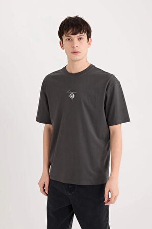 Defacto E1485 Antrasit Boxy Fit Bisiklet Yaka Sırt Baskılı Kısa Kollu Tişört