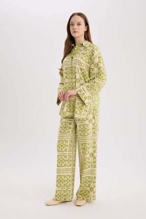 DeFacto Relax Fit Desenli Keten Karışımlı Uzun Kollu Tesettür Gömlek Tunik D8184AX25SPGN698