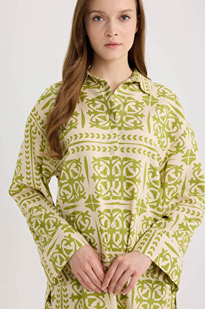 DeFacto Relax Fit Desenliı Keten Karışımlı Uzun Kollu Tesettür Gömlek Tunik D8184AX25SPGN698