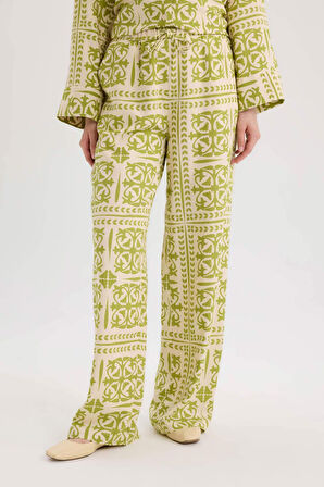 Wide Leg Baskılı Keten Karışımlı Pantolon
