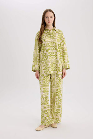 Wide Leg Baskılı Keten Karışımlı Pantolon