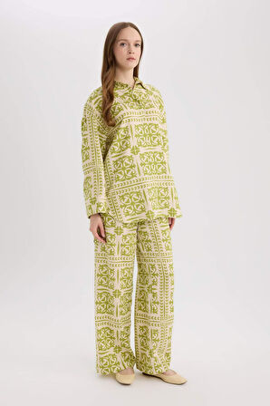Wide Leg Baskılı Keten Karışımlı Pantolon