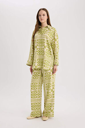 Wide Leg Baskılı Keten Karışımlı Pantolon